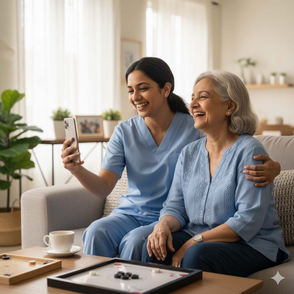 Caregiver spending quality time with elderly patient
